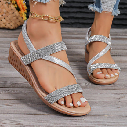Rhinestone Wedge Sandals Open Toe Summer Vacation Shoes For Women