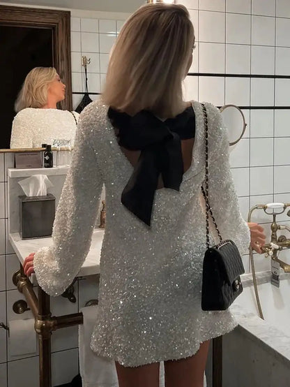 Christmas Long Sleeve Shiny Mini Dress For women