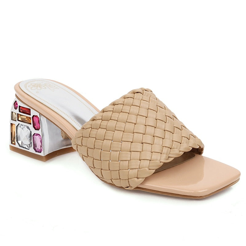 Outdoor Luxury Crystal Women Slide Low Heels Casual Knitted  Women's Slipper Season Prestige