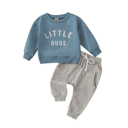 Children's round neck letter printed top solid color pants two-piece set