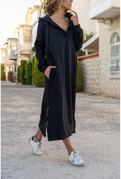 Loose Oversized Knit Hooded Dress Fleece-lined Casual pullover