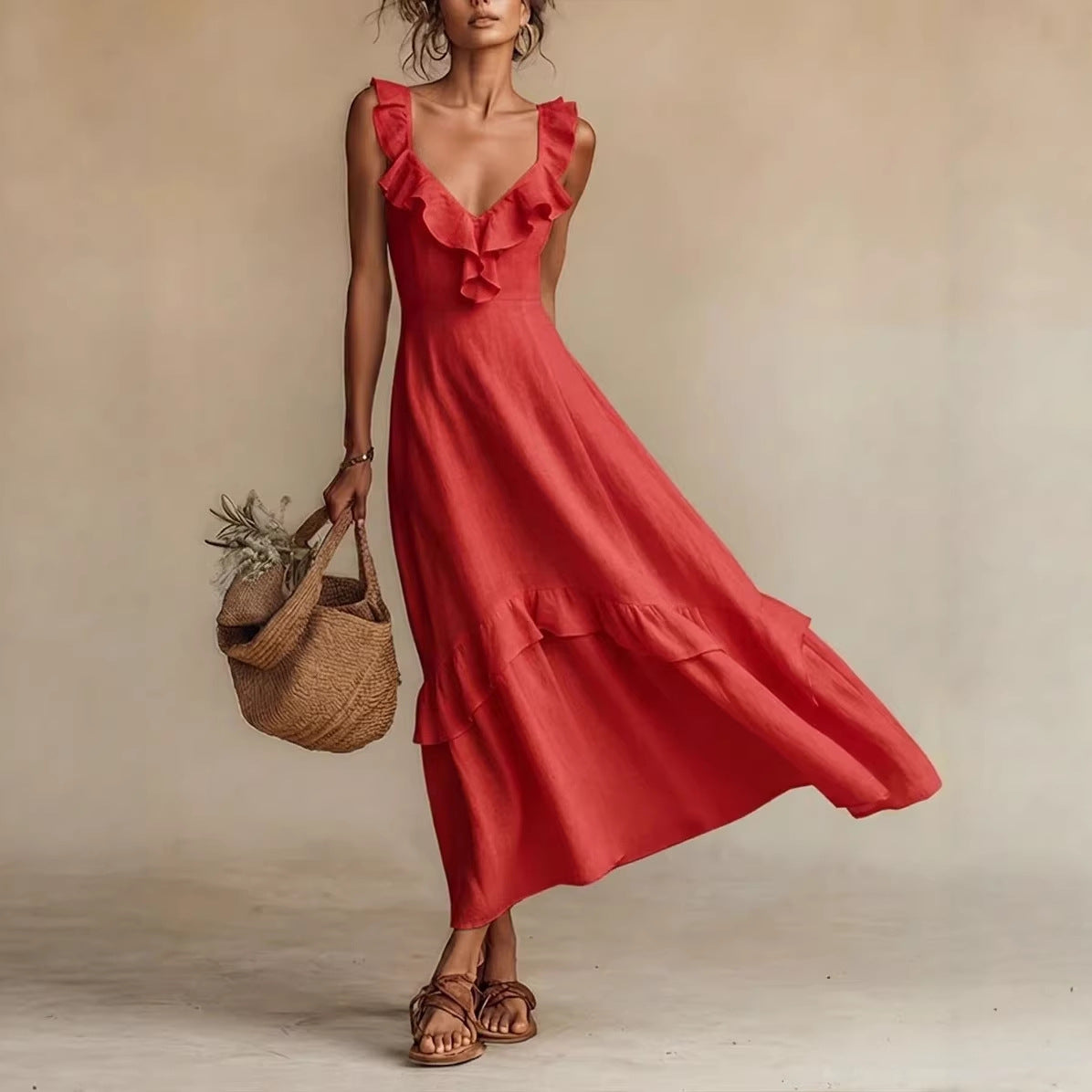 Ruffle Flutter Maxi Dress – Elegant High Waist