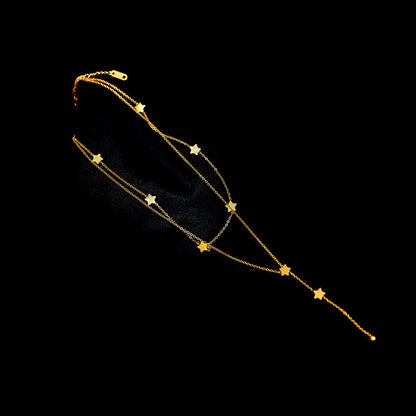 Womens 18K Titanium Steel Gold Double Circles Star Necklace