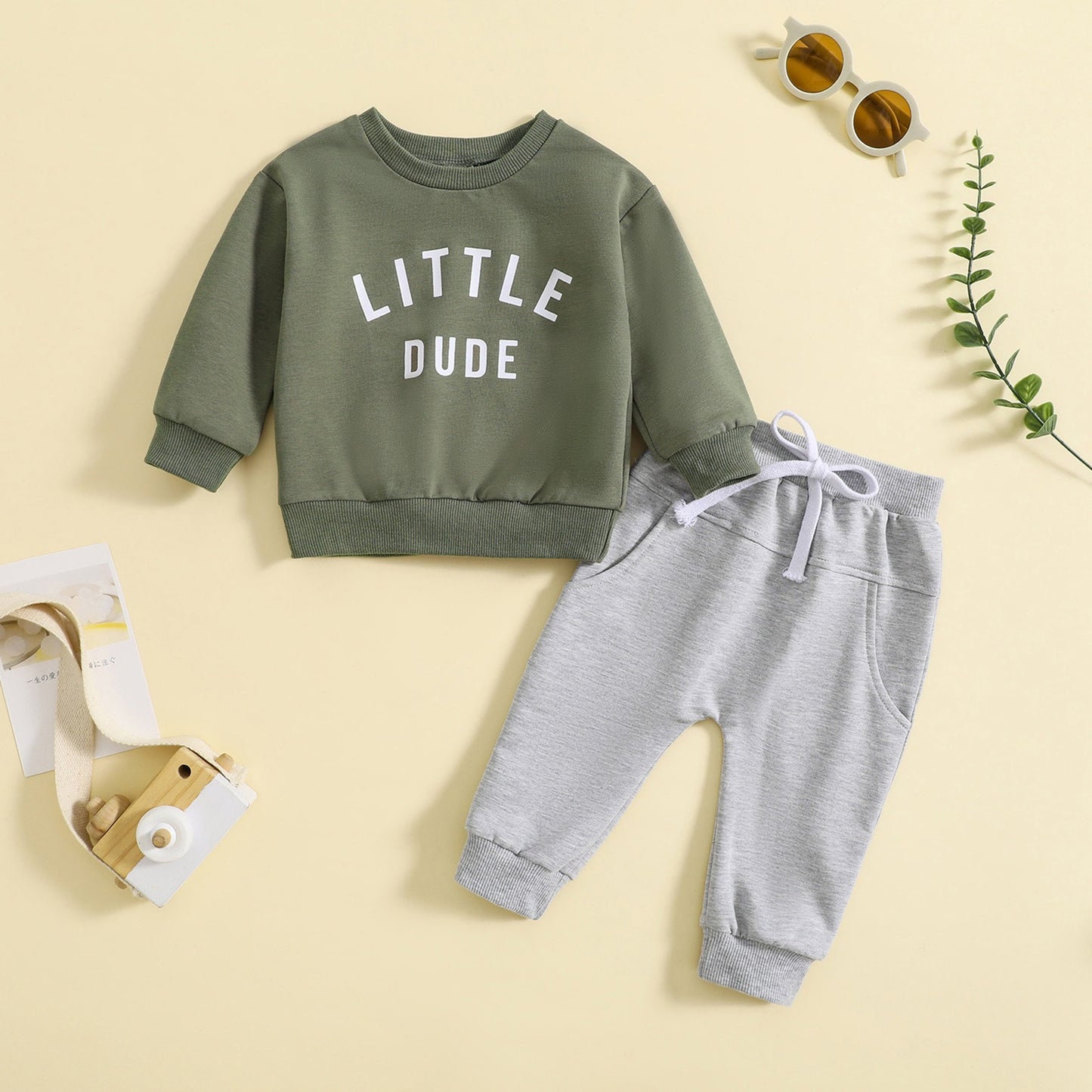 Children's round neck letter printed top solid color pants two-piece set