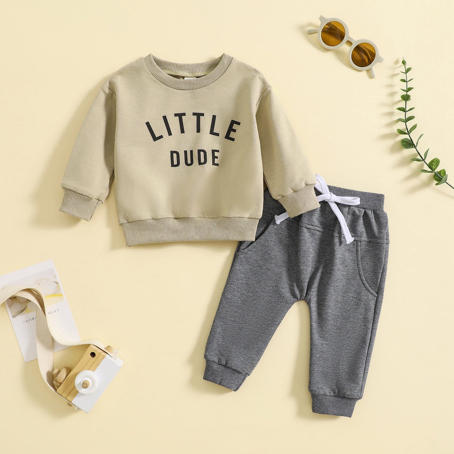 Children's round neck letter printed top solid color pants two-piece set
