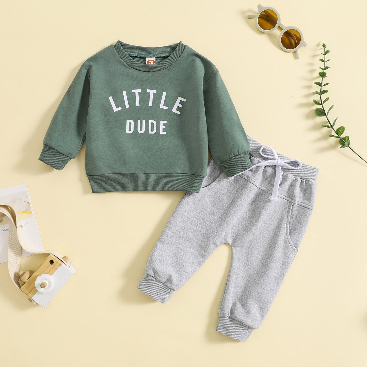 Children's round neck letter printed top solid color pants two-piece set