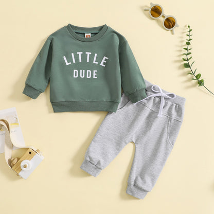 Children's round neck letter printed top solid color pants two-piece set