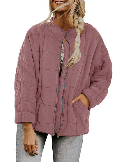 Plaid Long Sleeved Zip-up Stand Collar Jacket For Women's