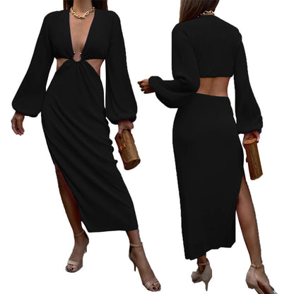 Womens Pressed Pleated Waistless long-sleeved Dresses