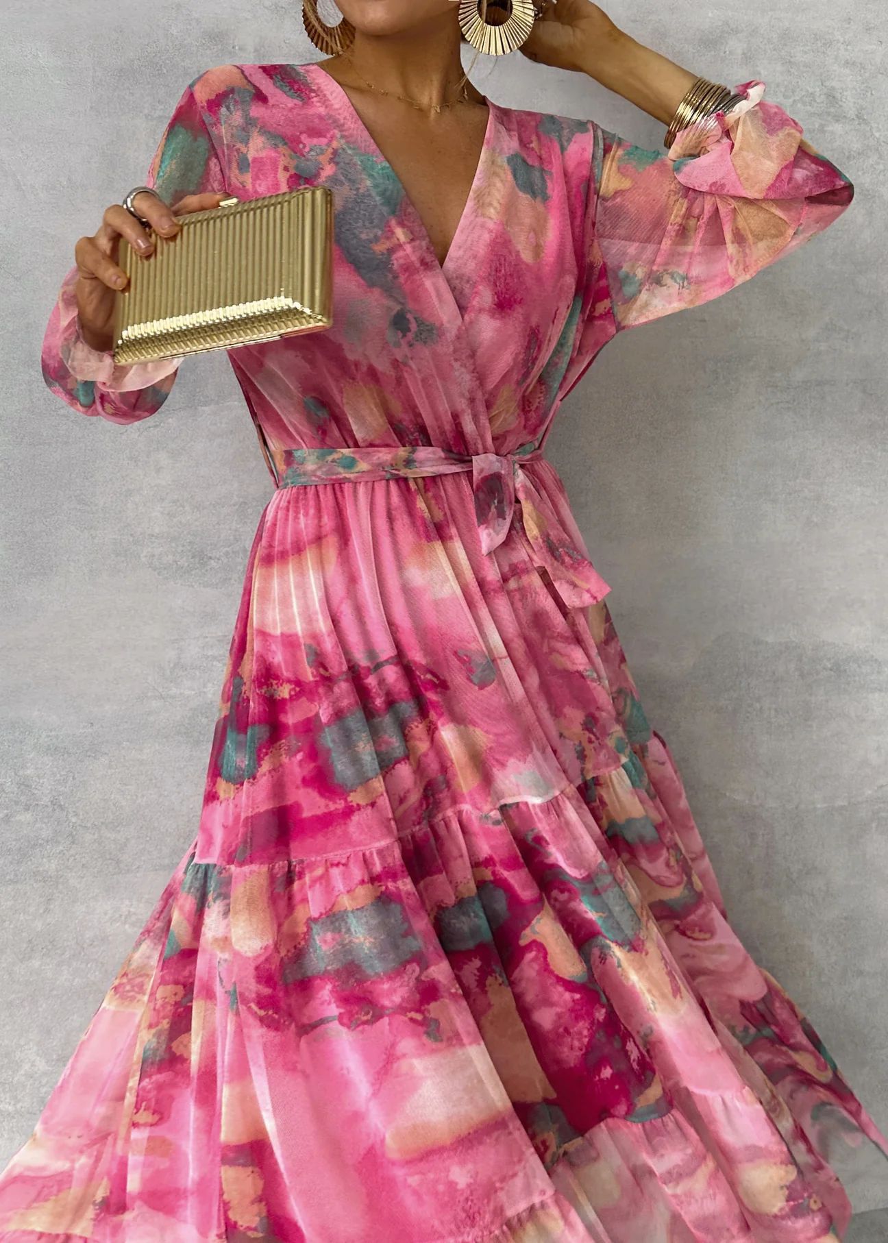 Floral Chiffon Maxi Dress for Women V-Neck Long Sleeve