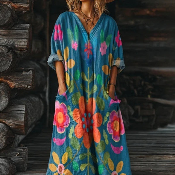 Women's Vintage Floral Art Pattern Print V-neck Pocket Dress
