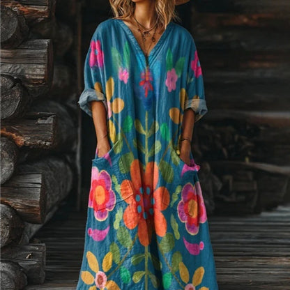 Women's Vintage Floral Art Pattern Print V-neck Pocket Dress