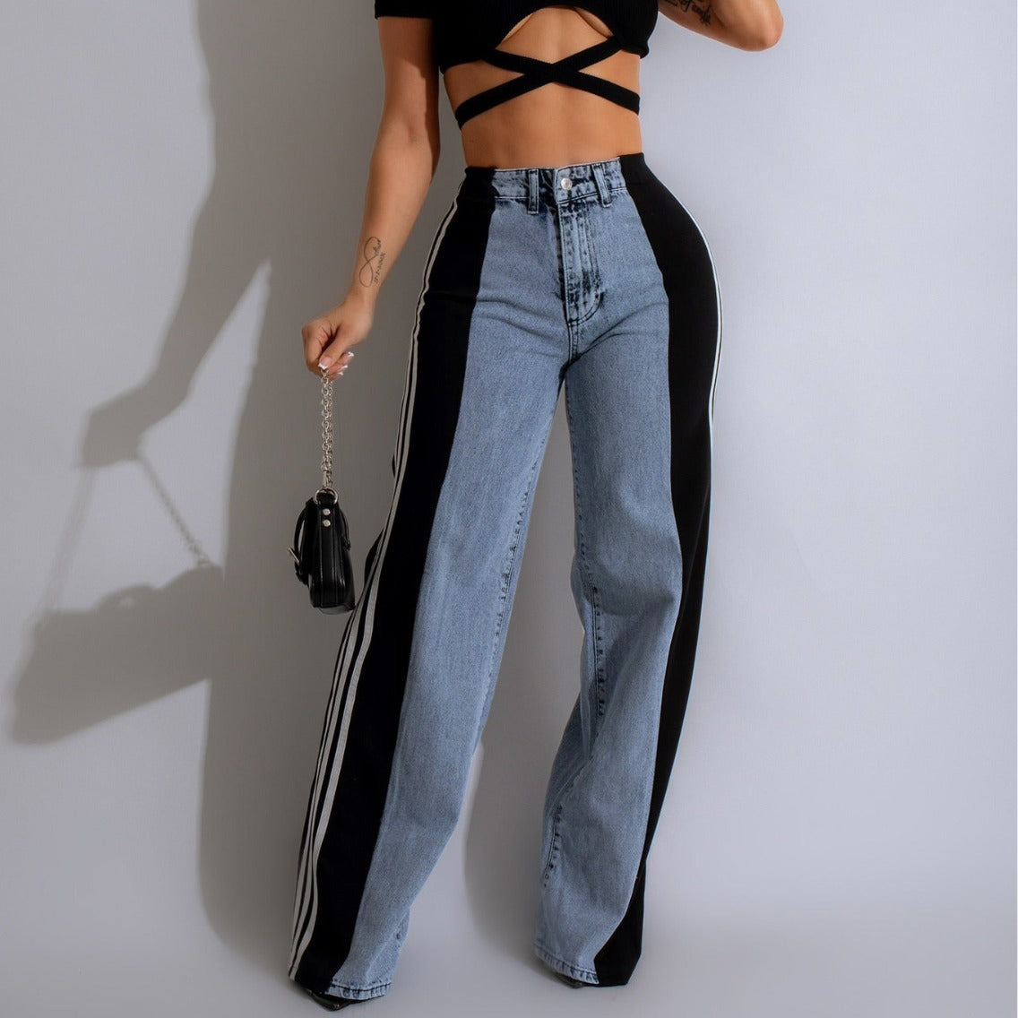 Fashion Casual High Waist Three Stripe Patchwork Denim Wide Leg Pants Streetwear