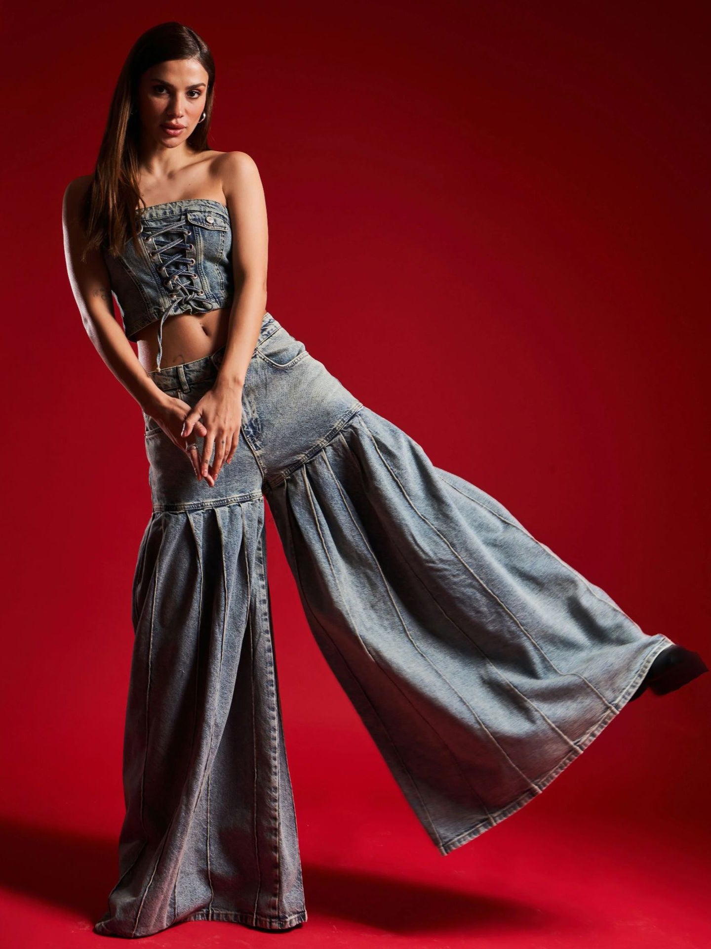 Women Strapless Denim Crop Top Corset & High-Waisted Pleated Wide-Leg Pants Set