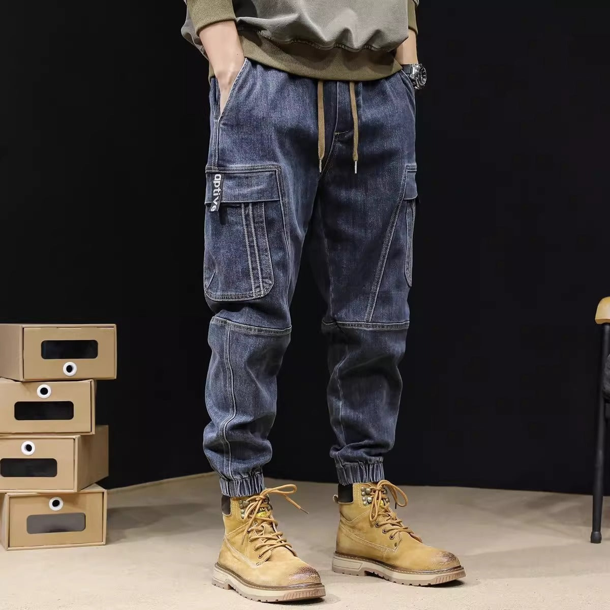 Men's Loose Retro Elastic Waist cargo pants Jeans