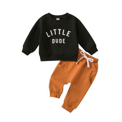 Children's round neck letter printed top solid color pants two-piece set