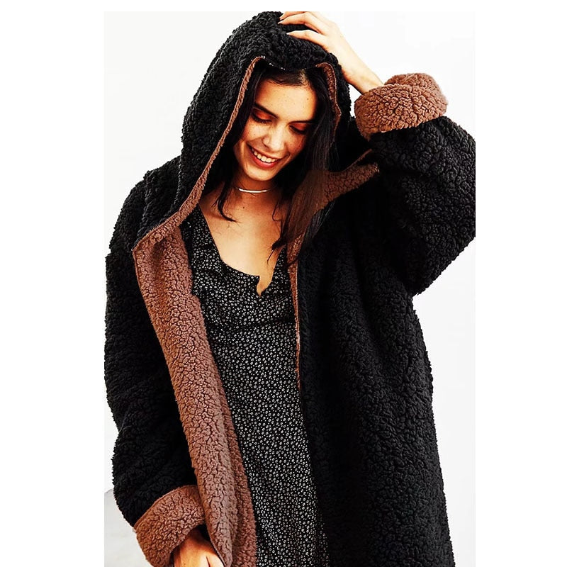 Reversible Soft Fleece Hooded Lamb Fur Jacket Women season prestige