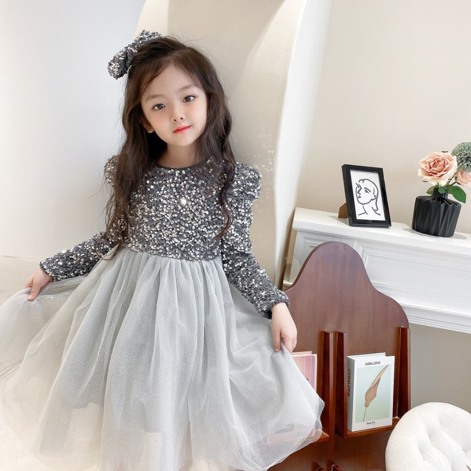 Plush Sequin Dress Girl's Long Sleeve Puffy Dress Fairy Princess Dress season prestige