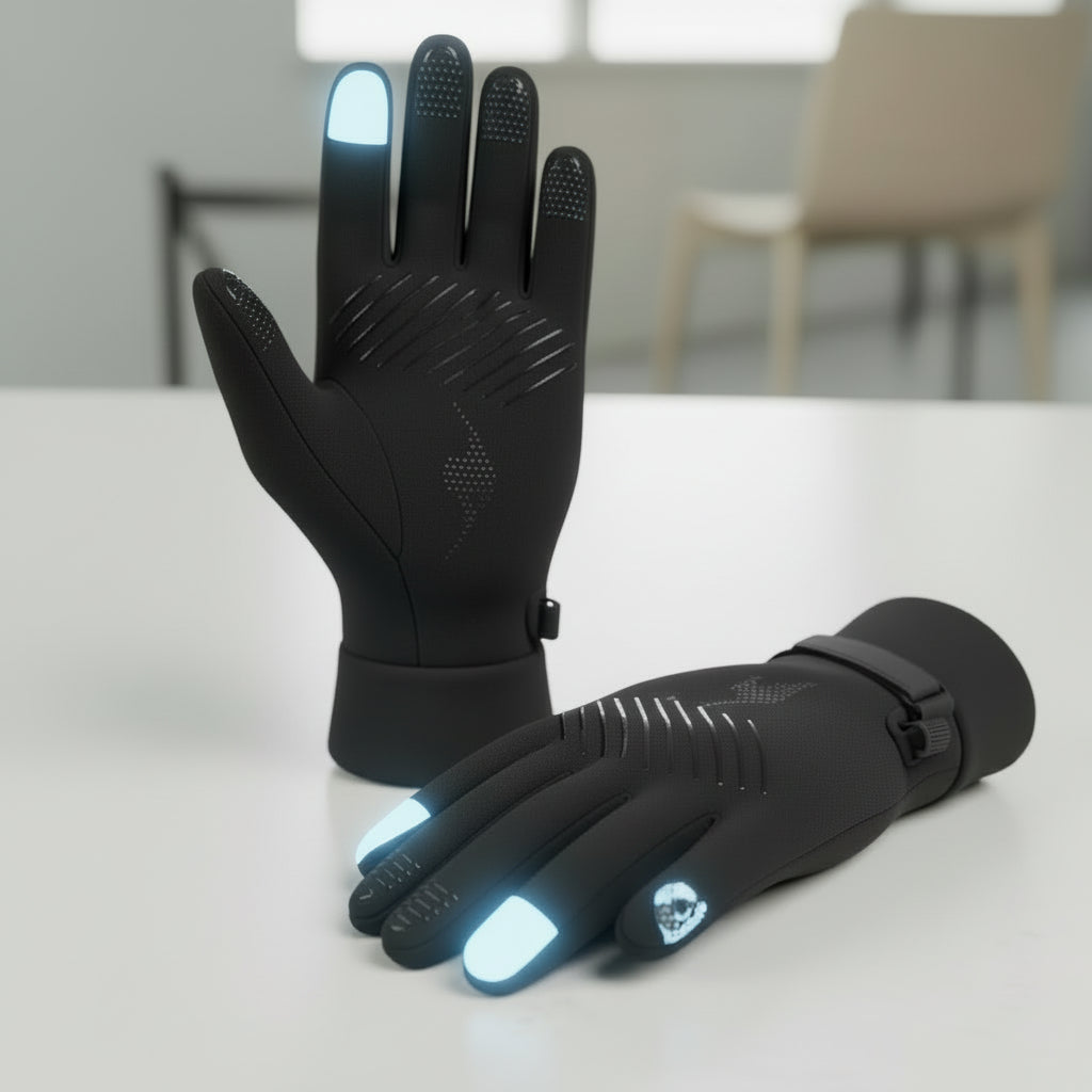 Close-up of waterproof thermal gloves using a smartphone screen with touchscreen-compatible fingertips.