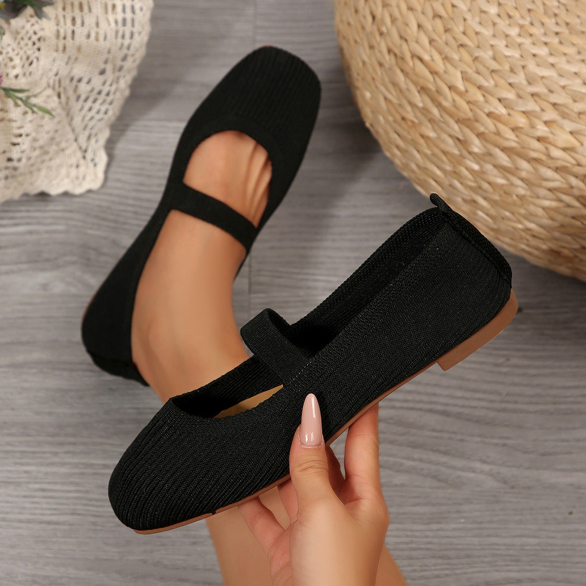 Black breathable knit mesh flats with a modern square toe by Season Prestige 