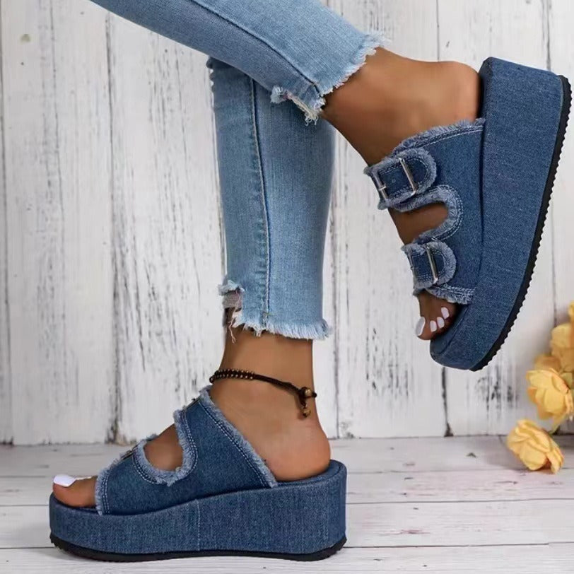 Denim Buckle Wedges Summer Outdoor High Heel Slippers For Women