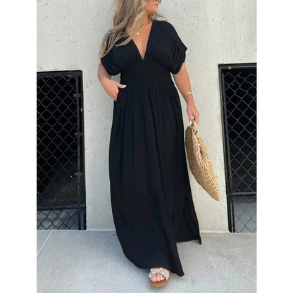 Womens Bat-sleeved V-neck Summer Short Sleeve Dress with Elastic Waist