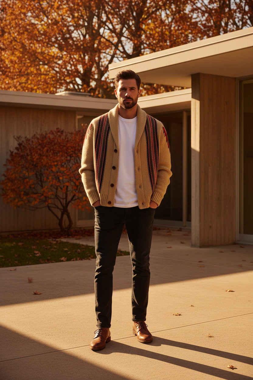 Elegant male model standing outside a sunlit mid-century modern architectural home wearing the tan Season Prestige heritage shawl-collar cardigan sweater.