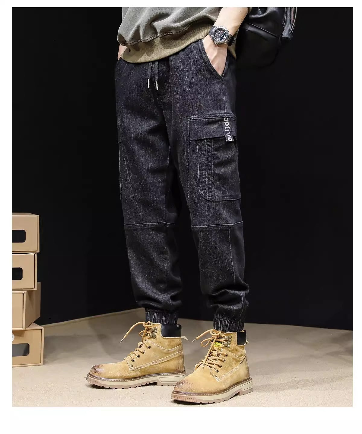 Men's Loose Retro Elastic Waist cargo pants Jeans