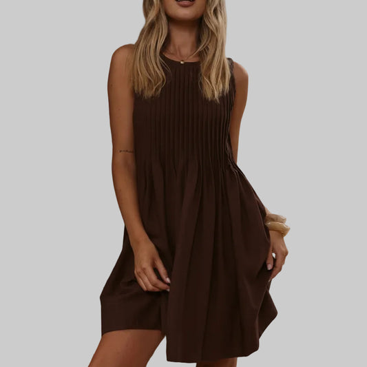 Chocolate Brown Pleated Linen Mini Dress
