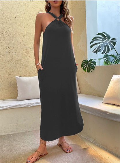 Women's Off-shoulder Hanging Neck Casual Long Dress With pockets