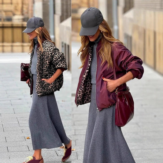 Women's Elegant Reversible Zipper Leopard Print And Wine Red Casual Coat