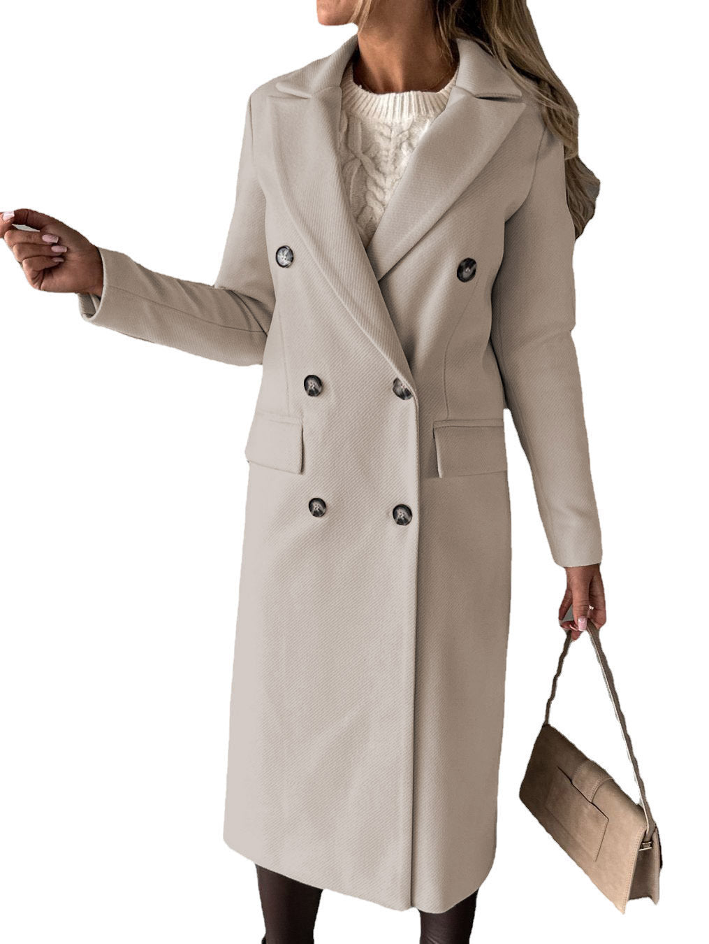 Long Sleeve Lapel Double Breasted Long Winter Coat for Women