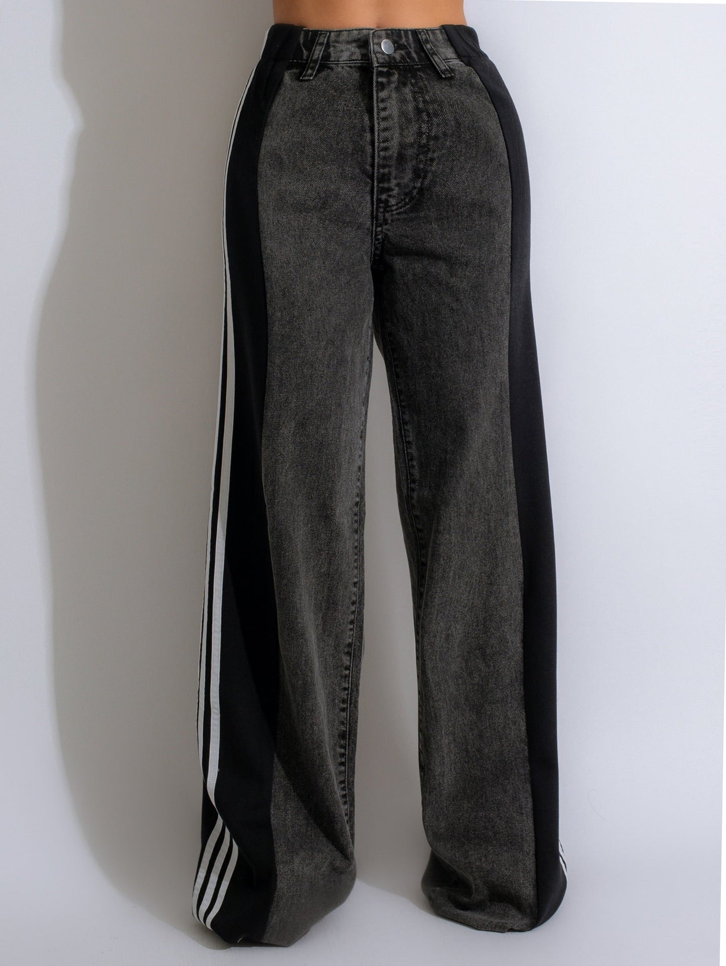 Womens Casual HighWaist Three Stripe Patchwork Denim Wide Leg Pants