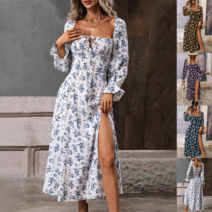 Womens Floral Print Long Sleeve Square-neck Slit Dress