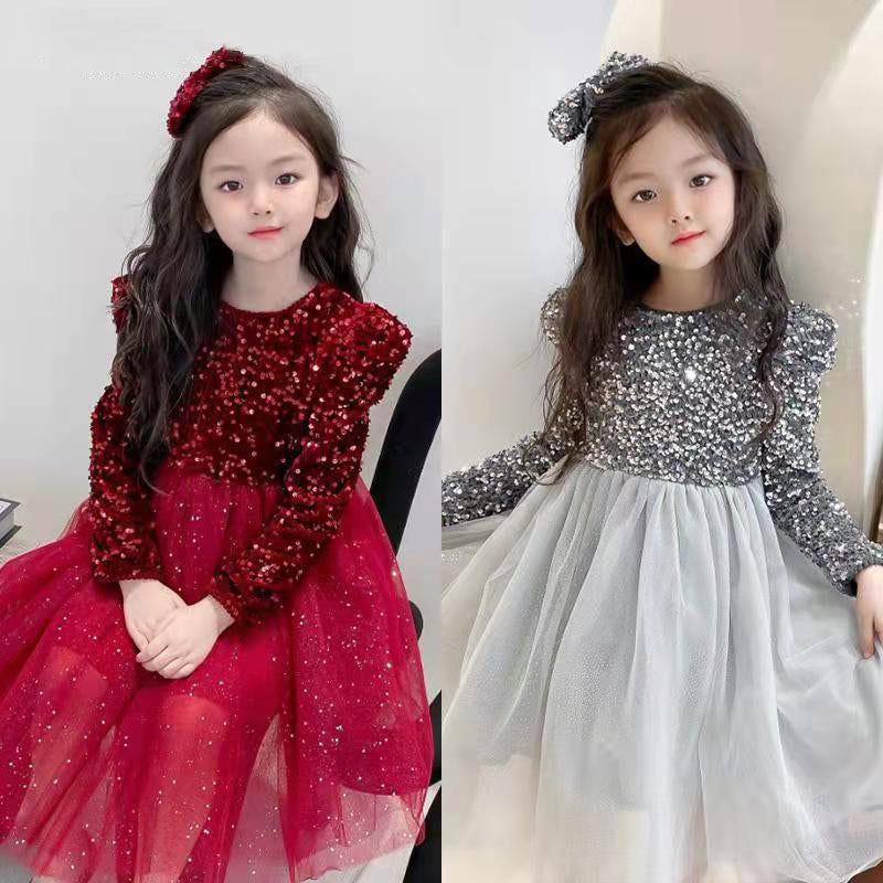 Plush Sequin Dress Girl's Long Sleeve Puffy Dress Fairy Princess Dress season prestige