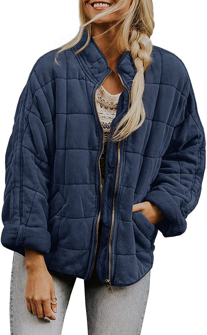 Plaid Long Sleeved Zip-up Stand Collar Jacket For Women's