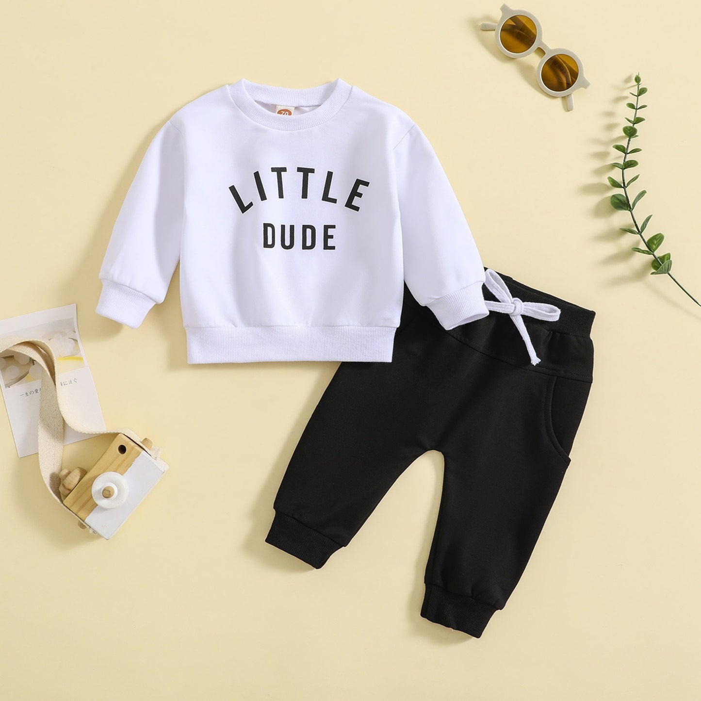 Children's round neck letter printed top solid color pants two-piece set