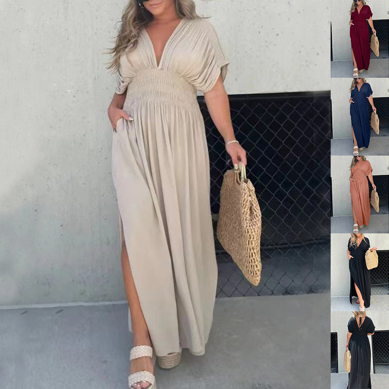Womens Bat-sleeved V-neck Summer Short Sleeve Dress with Elastic Waist