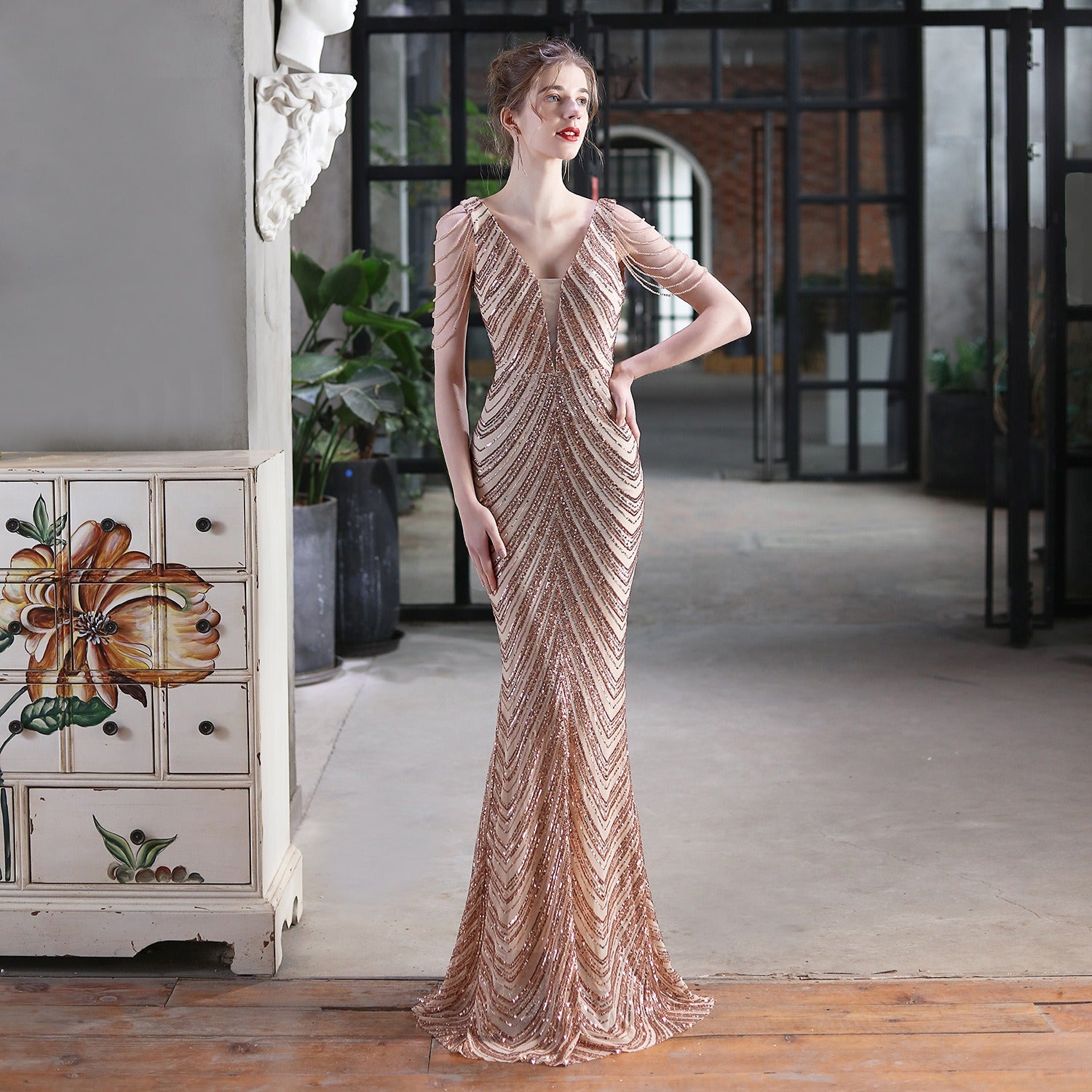 New sequin fishtail long dress performance event banquet car model etiquette evening dress season prestige