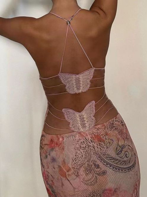 Female Spaghetti Straps Dress Sexy Butterfly Back Dress Womens Clothing Season Prestige