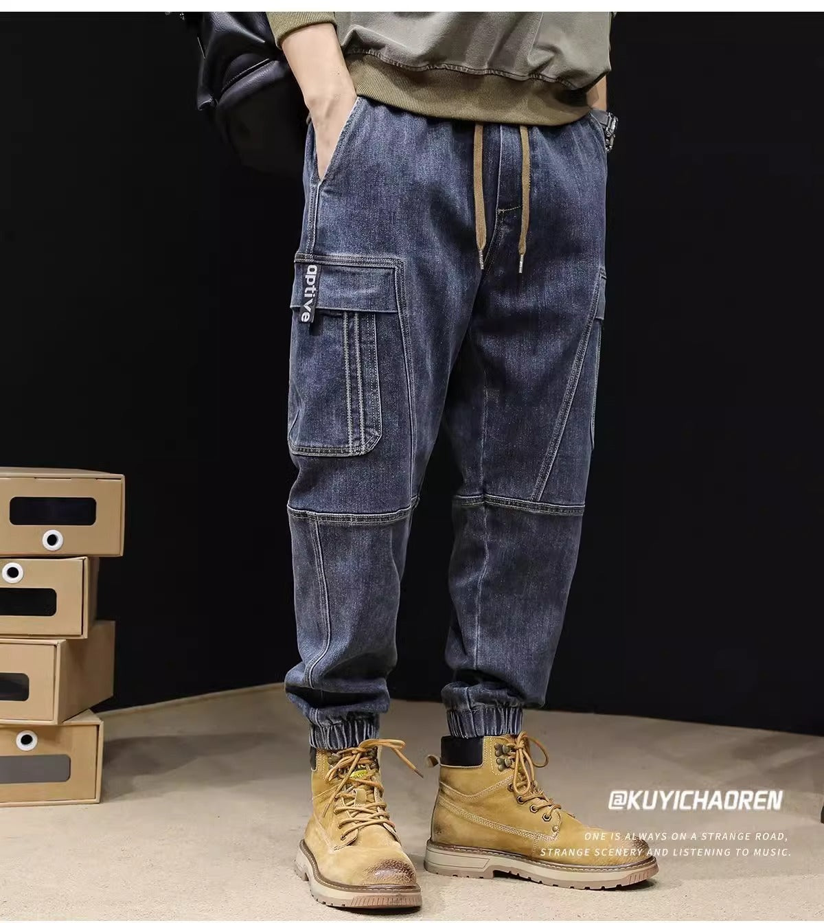 Men's Loose Retro Elastic Waist cargo pants Jeans