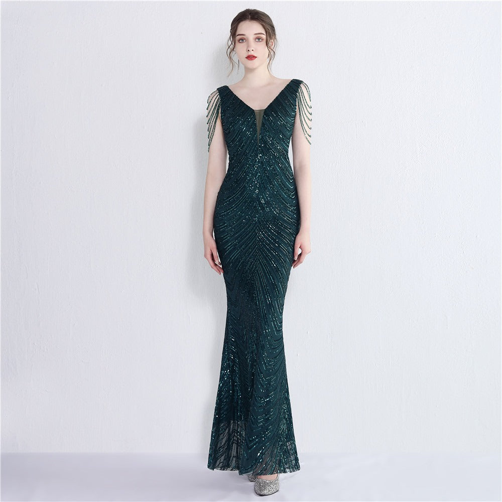 New sequin fishtail long dress performance event banquet car model etiquette evening dress season prestige