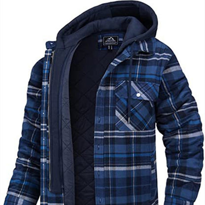 Men's Long-sleeved Plaid Hooded Warm Button Zip-up Jacket