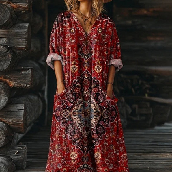 Women's Vintage Floral Art Pattern Print V-neck Pocket Dress