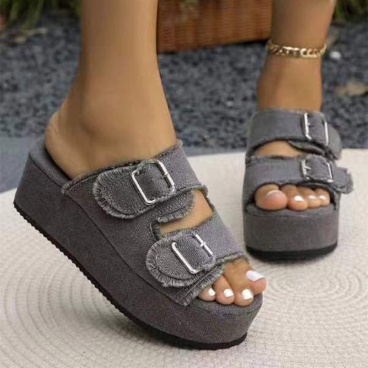 Denim Buckle Wedges Summer Outdoor High Heel Slippers For Women