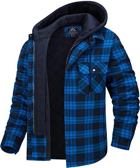 Men's Long-sleeved Plaid Hooded Warm Button Zip-up Jacket