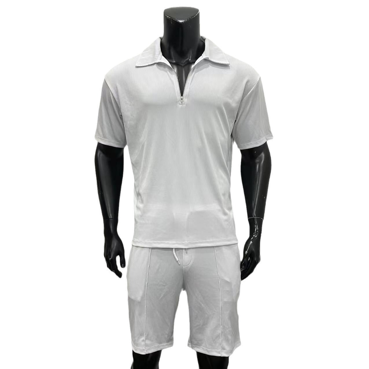 Men's Summer Sports Suits  Zipper Polo Casual Short Sleeve Drawstring Shorts Set