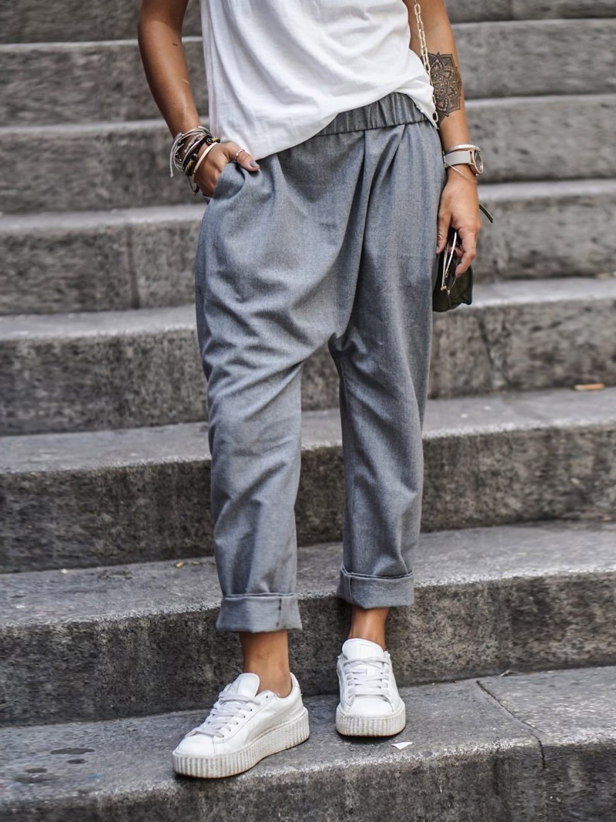 Women's Casual High Waist Harem Trousers With Pockets