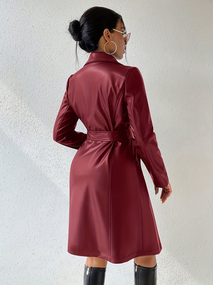 Long Sleeve Pu Leather Jacket With Pockets Slim Fit Long Trench Coat Women