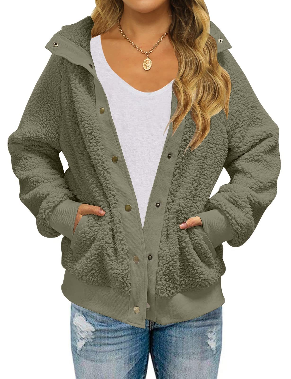 Womens Hooded Winter Long Sleeve Sherpa Jacket Coat with Pockets